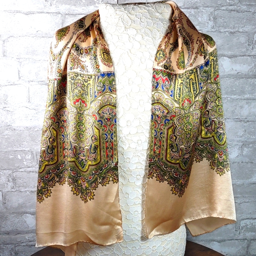 Vintage Sally Gee Mosaic Border Print Silk Scarf